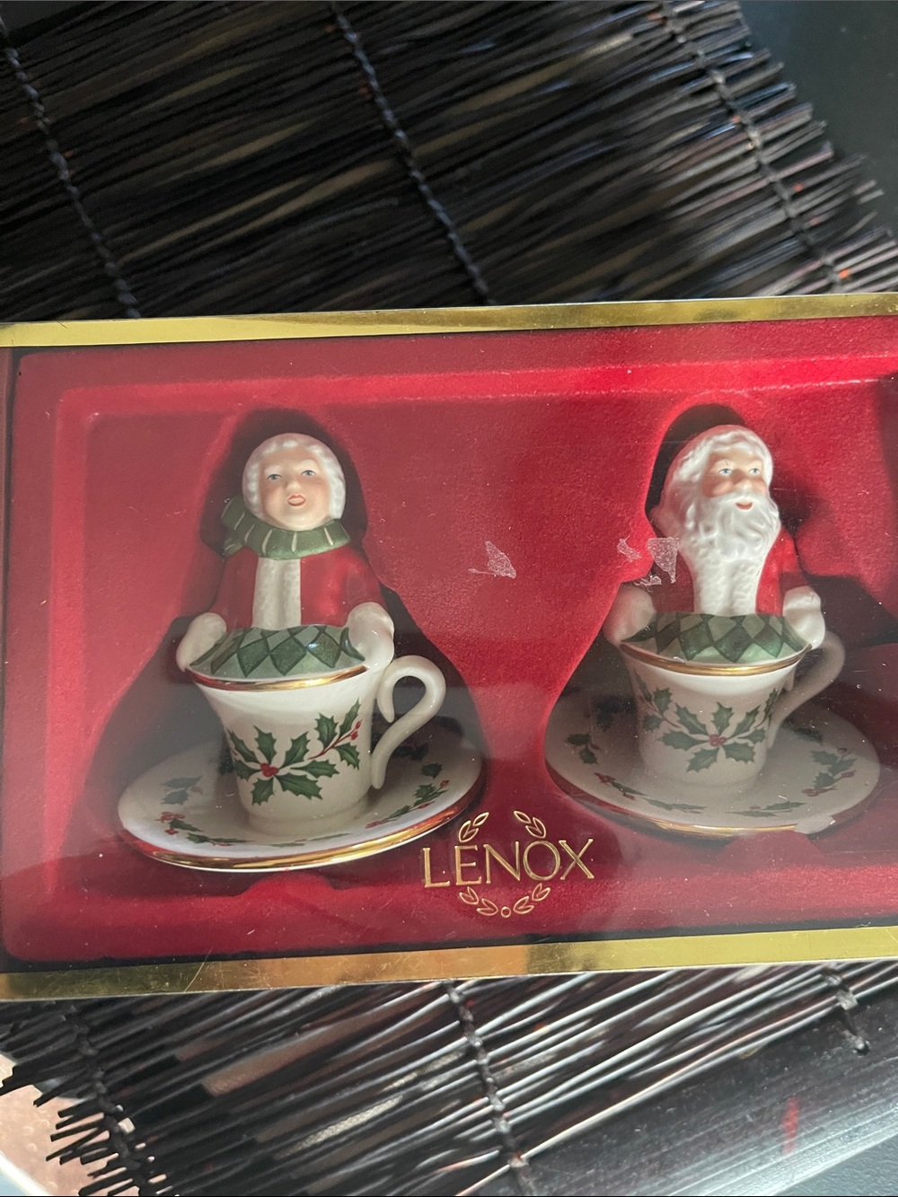 Lenox Red and Green Santa & Mrs. Claus Teacup Figurine salt & pepper Set